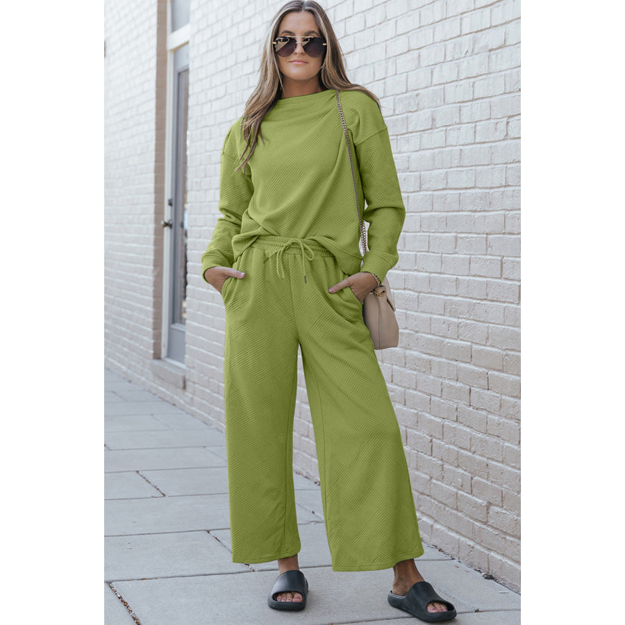 Double Take Full Size Textured Long Sleeve Top and Drawstring Pants Set Chartreuse / 2XL Clothing