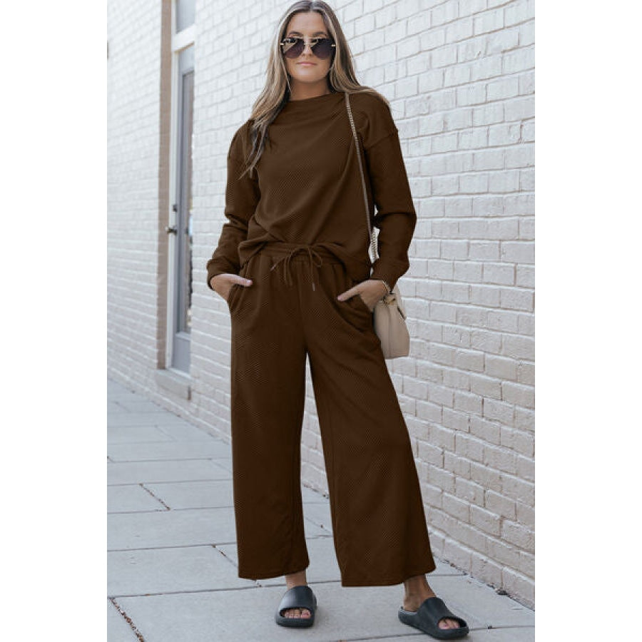 Double Take Full Size Textured Long Sleeve Top and Drawstring Pants Set Chestnut / S Clothing