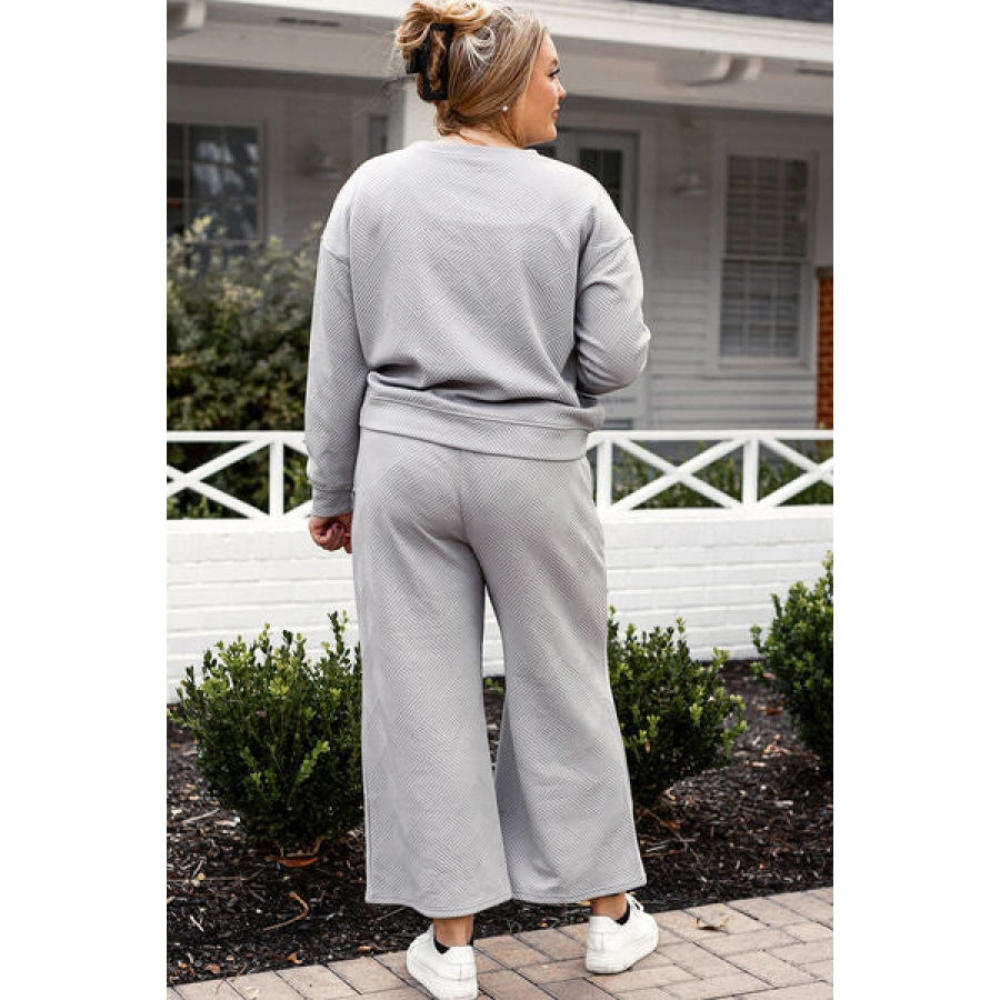 Double Take Full Size Textured Long Sleeve Top and Drawstring Pants Set Clothing