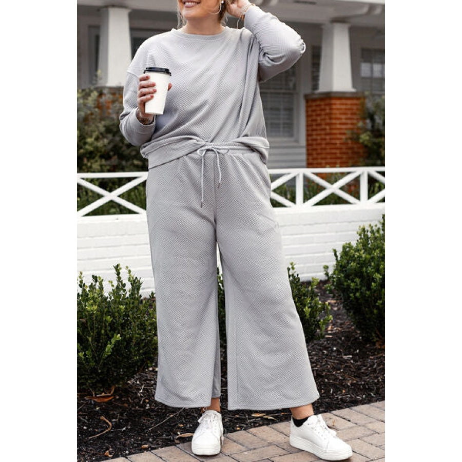 Double Take Full Size Textured Long Sleeve Top and Drawstring Pants Set Clothing