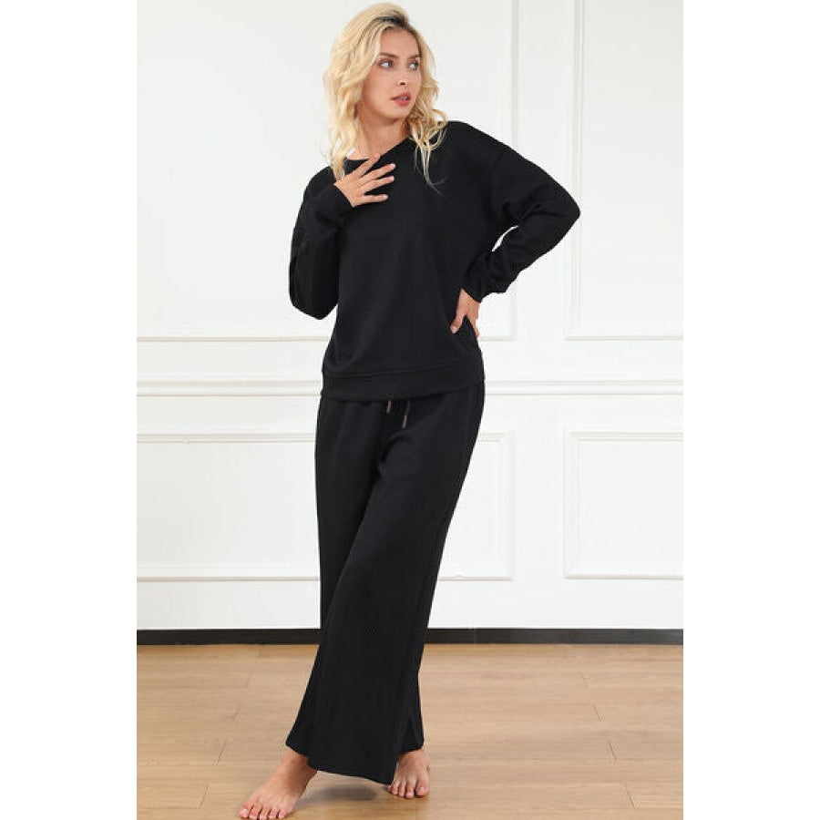 Double Take Full Size Textured Long Sleeve Top and Drawstring Pants Set Clothing