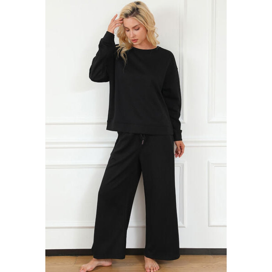 Double Take Full Size Textured Long Sleeve Top and Drawstring Pants Set Clothing