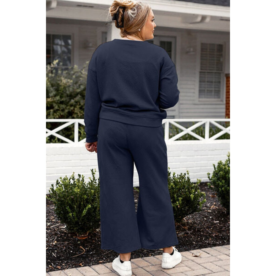 Double Take Full Size Textured Long Sleeve Top and Drawstring Pants Set Clothing