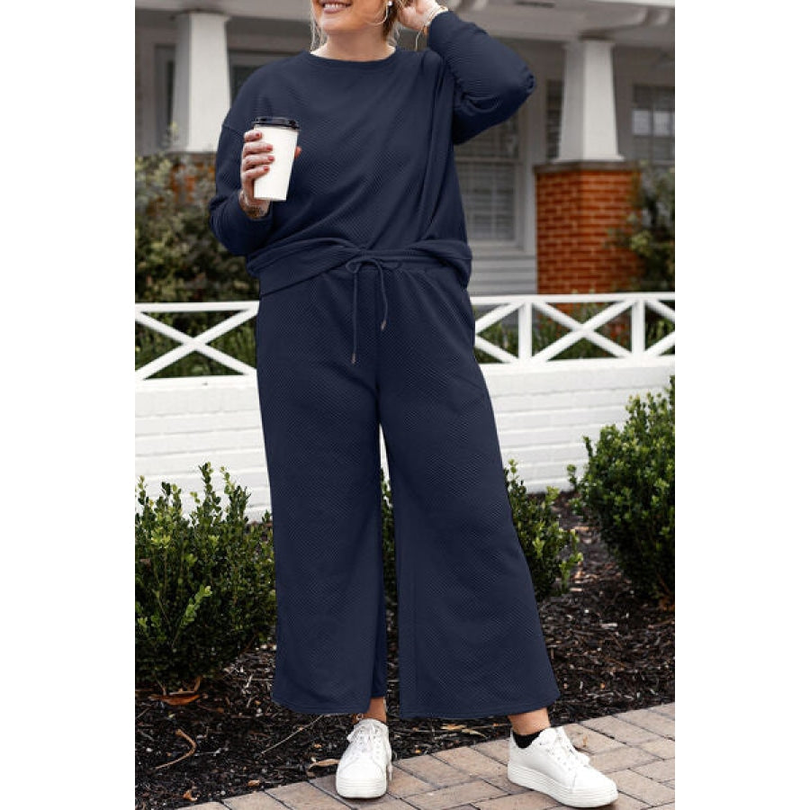 Double Take Full Size Textured Long Sleeve Top and Drawstring Pants Set Clothing