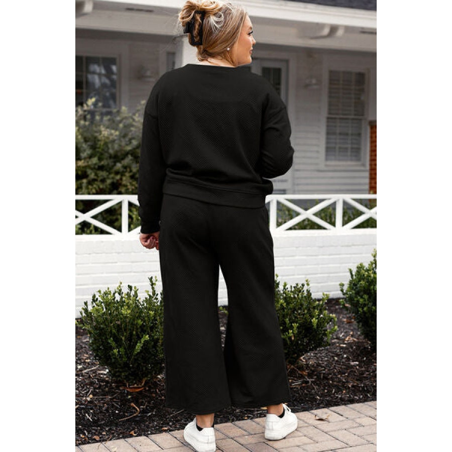 Double Take Full Size Textured Long Sleeve Top and Drawstring Pants Set Clothing