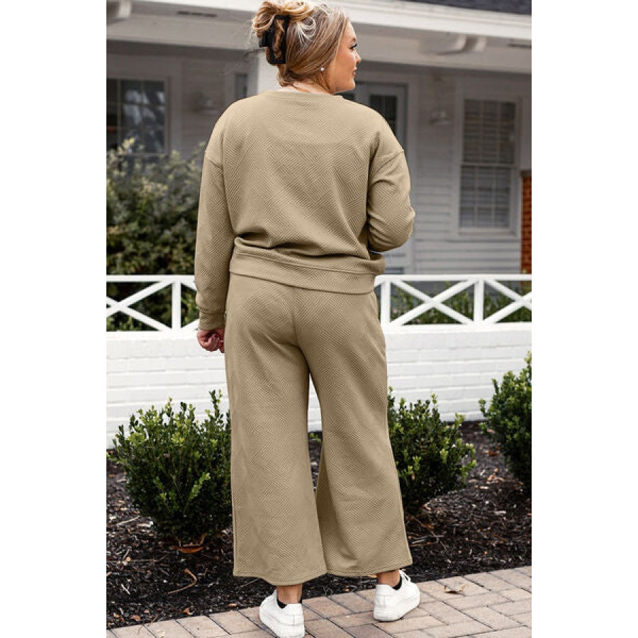 Double Take Full Size Textured Long Sleeve Top and Drawstring Pants Set Clothing