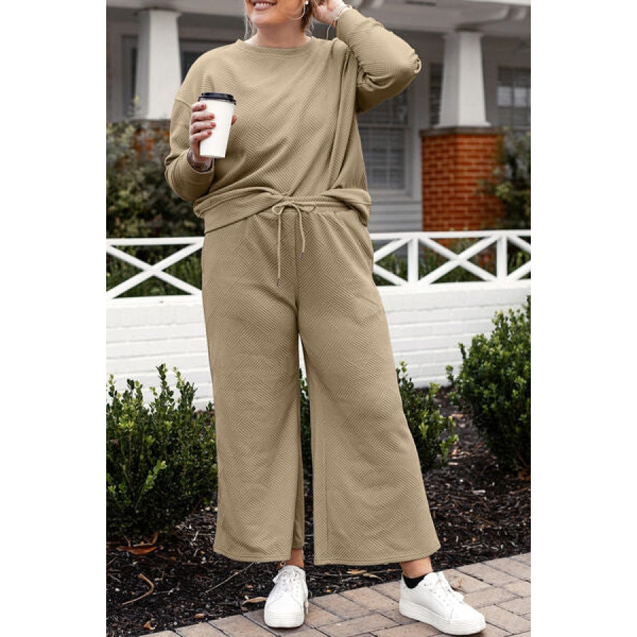 Double Take Full Size Textured Long Sleeve Top and Drawstring Pants Set Clothing