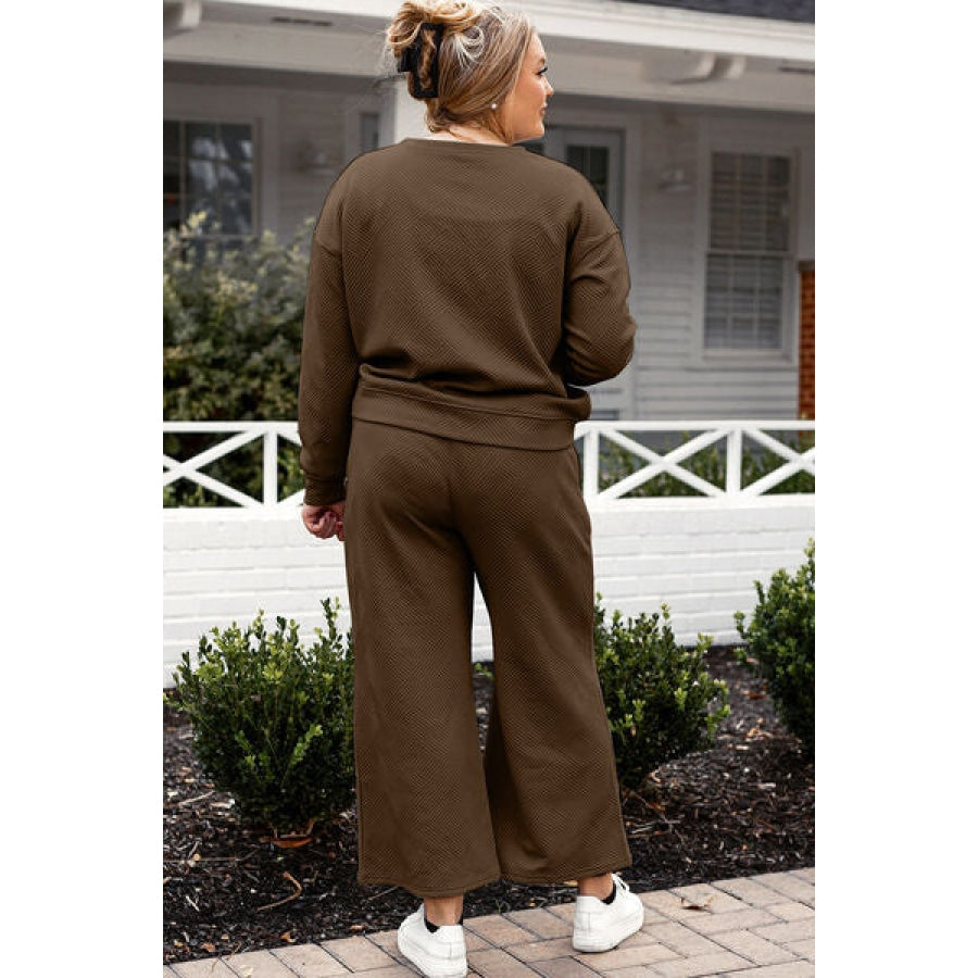 Double Take Full Size Textured Long Sleeve Top and Drawstring Pants Set Clothing