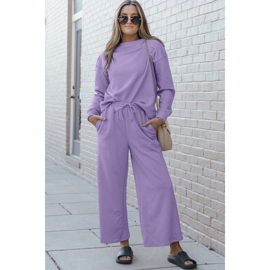 Double Take Full Size Textured Long Sleeve Top and Drawstring Pants Set Lavender / 2XL Clothing