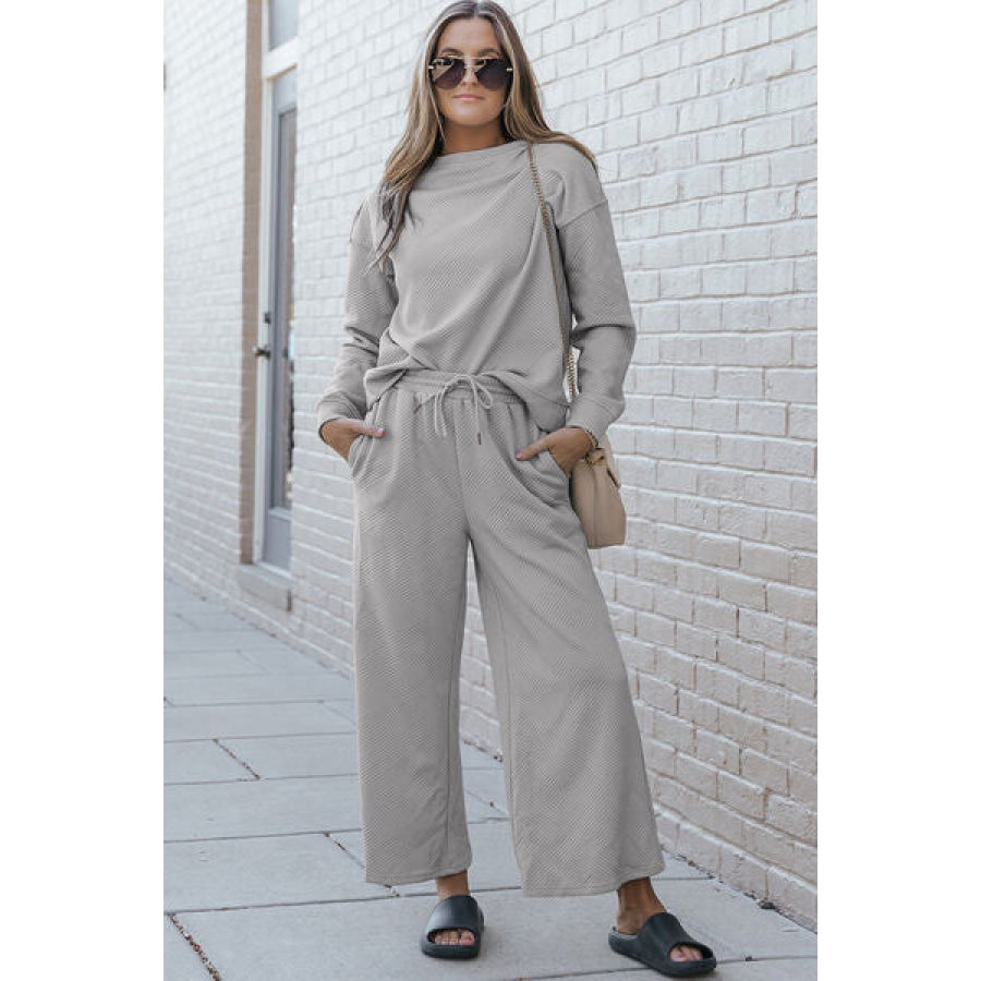 Double Take Full Size Textured Long Sleeve Top and Drawstring Pants Set Light Gray / S Clothing