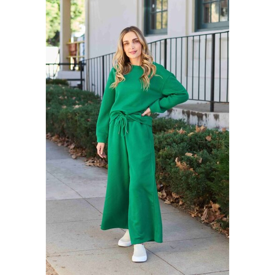 Double Take Full Size Textured Long Sleeve Top and Drawstring Pants Set Mid Green / S Clothing
