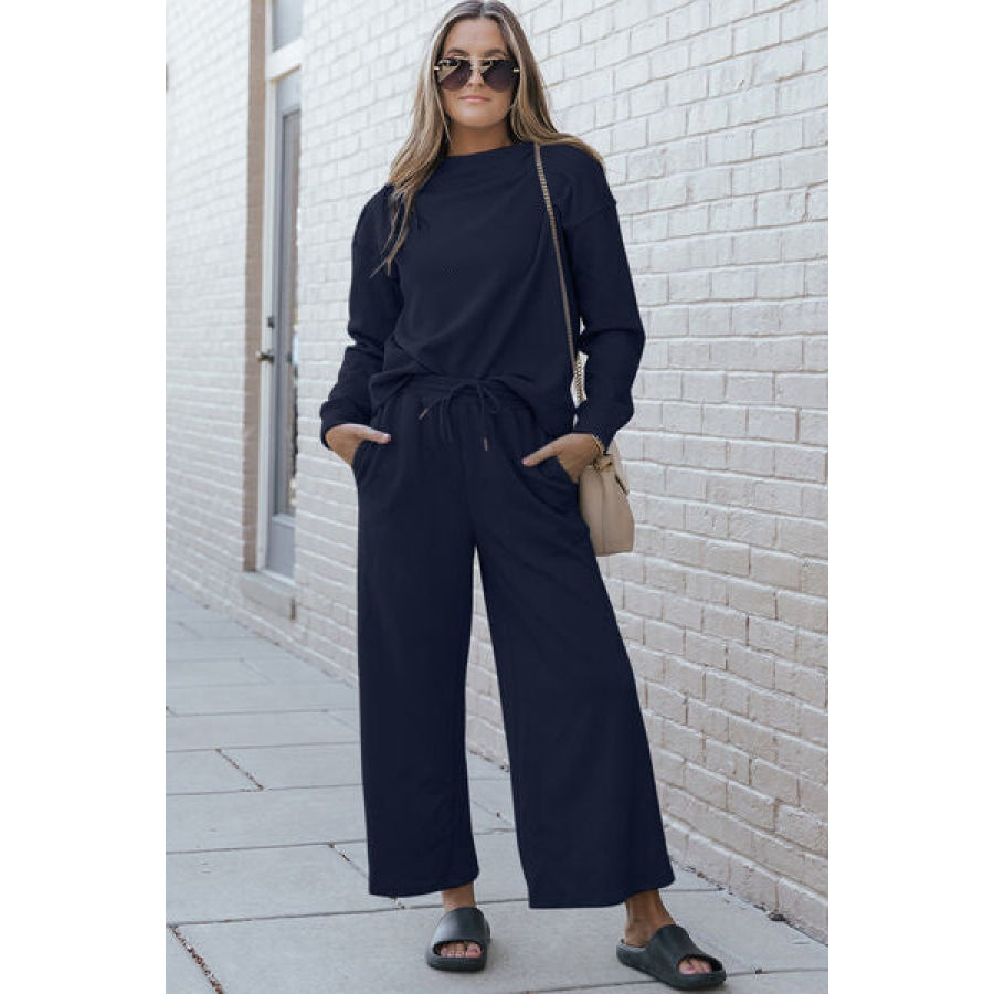 Double Take Full Size Textured Long Sleeve Top and Drawstring Pants Set Navy / S Clothing