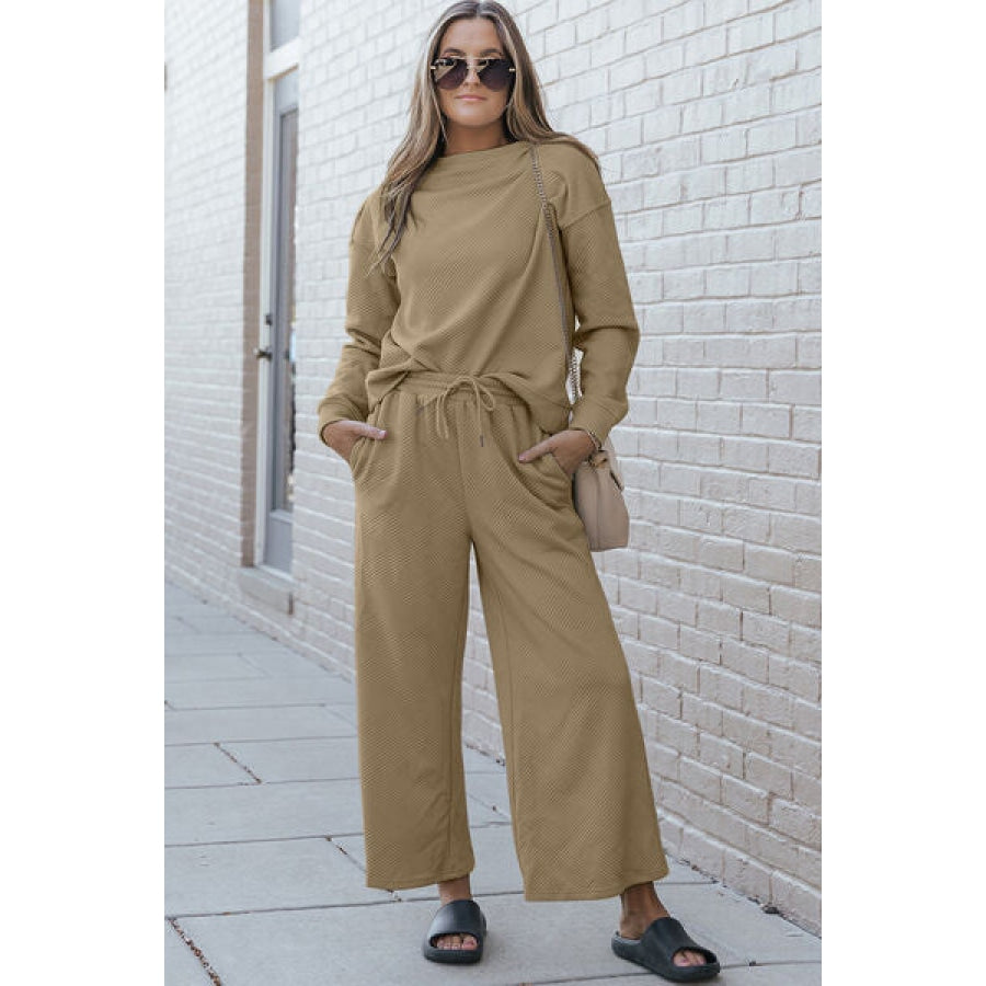 Double Take Full Size Textured Long Sleeve Top and Drawstring Pants Set Tan / S Clothing