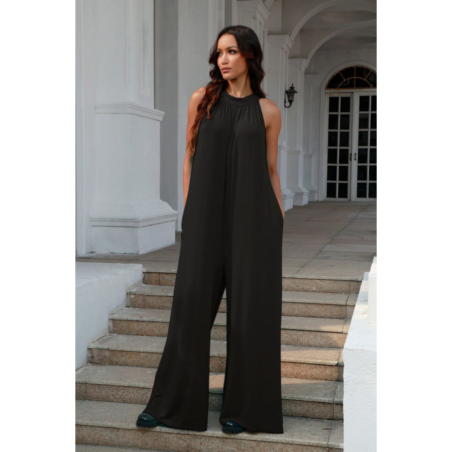 Double Take Full Size Tie Back Cutout Sleeveless Jumpsuit Black / S Apparel and Accessories
