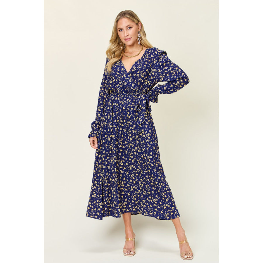 Double Take Full Size Tie Back Flounce Sleeve Dress Dark Blue / S Apparel and Accessories