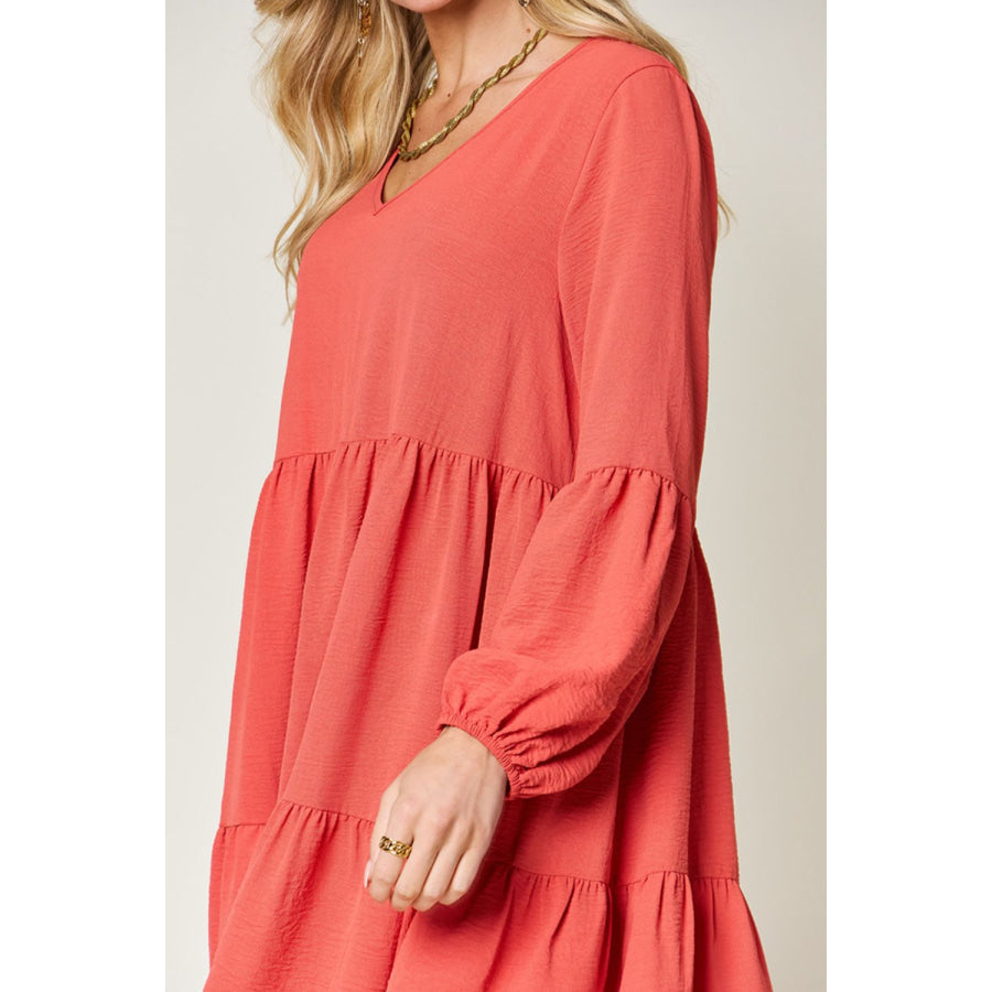 Double Take Full Size V - Neck Balloon Sleeve Tiered Dress Apparel and Accessories