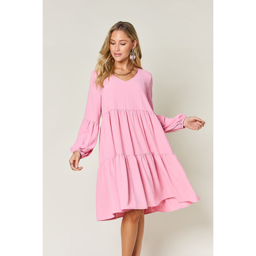 Double Take Full Size V - Neck Balloon Sleeve Tiered Dress Carnation Pink / S Apparel and Accessories