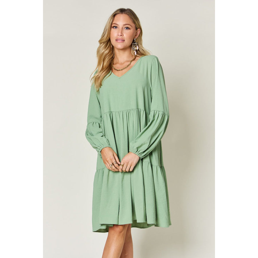 Double Take Full Size V - Neck Balloon Sleeve Tiered Dress Apparel and Accessories