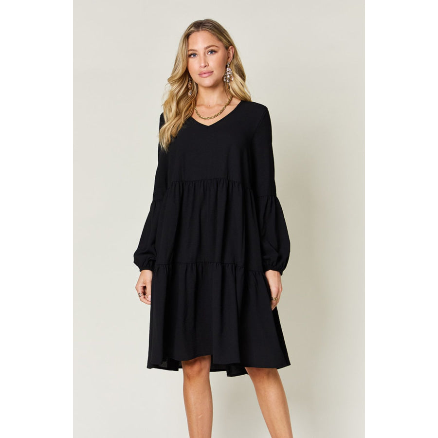 Double Take Full Size V - Neck Balloon Sleeve Tiered Dress Black / S Apparel and Accessories