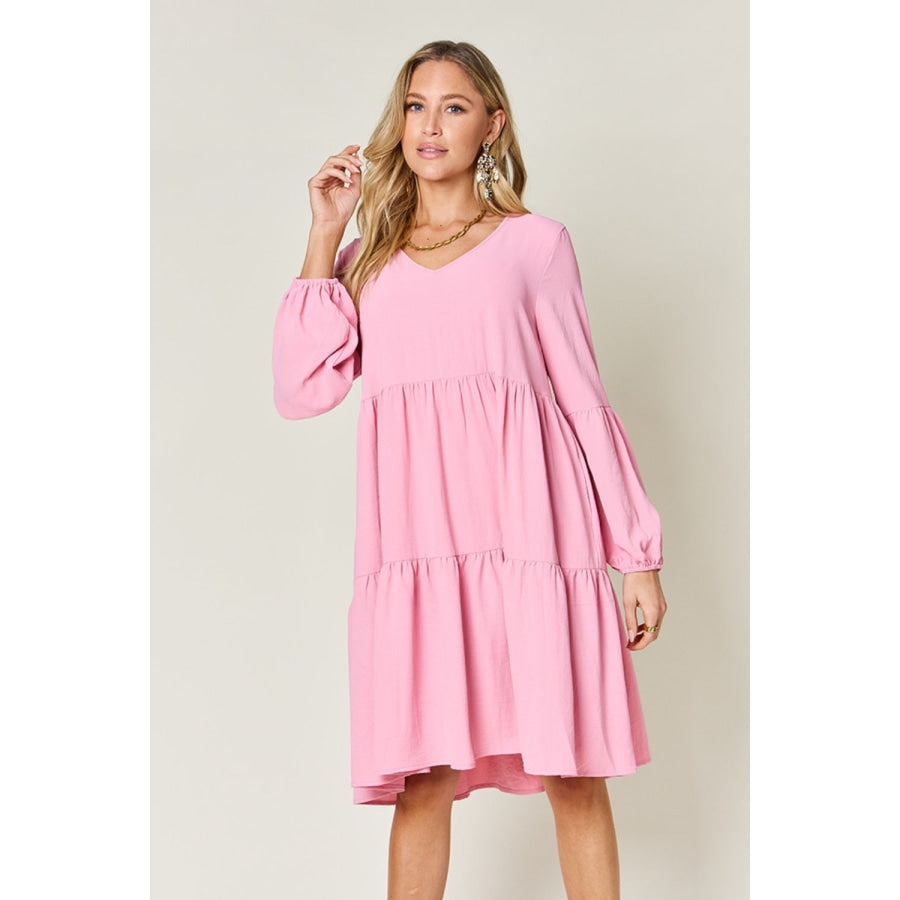 Double Take Full Size V - Neck Balloon Sleeve Tiered Dress Carnation Pink / S Apparel and Accessories
