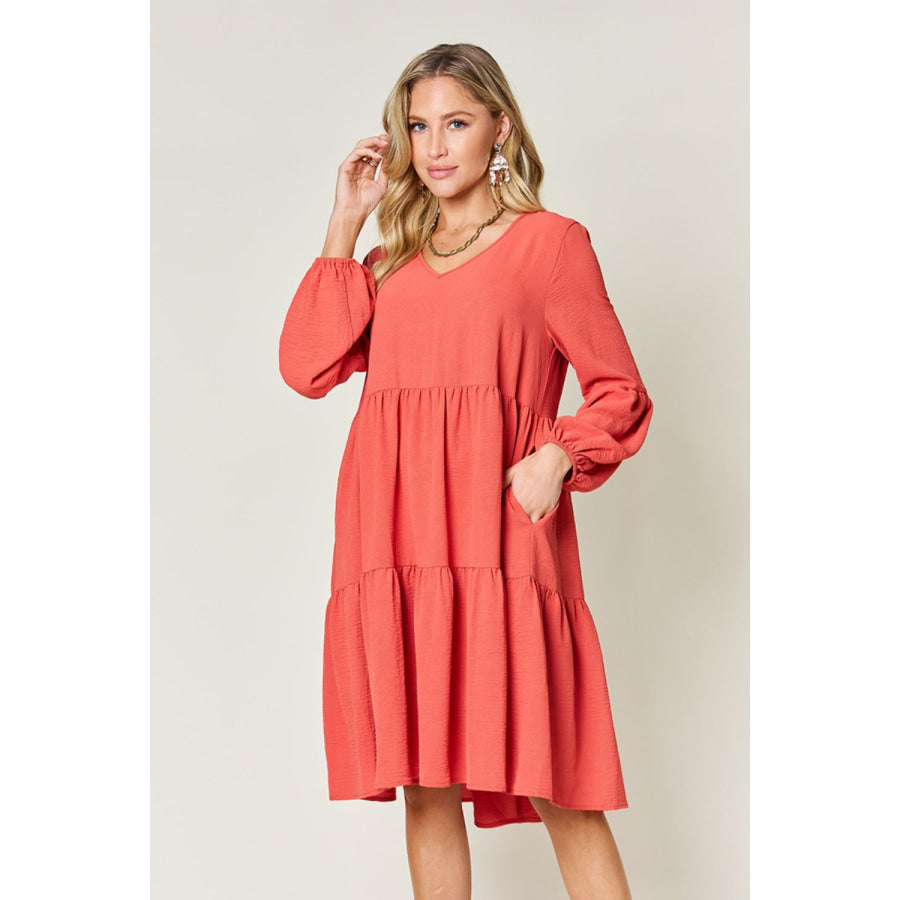Double Take Full Size V - Neck Balloon Sleeve Tiered Dress Coral / S Apparel and Accessories