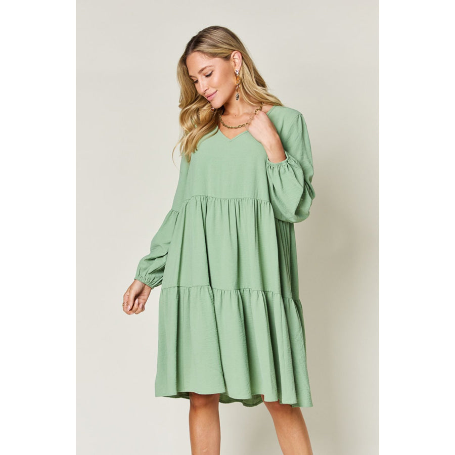 Double Take Full Size V - Neck Balloon Sleeve Tiered Dress Gum Leaf / S Apparel and Accessories