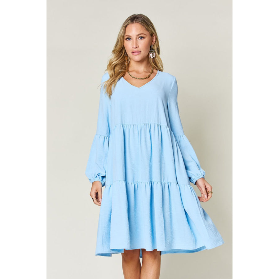 Double Take Full Size V - Neck Balloon Sleeve Tiered Dress Pastel Blue / S Apparel and Accessories