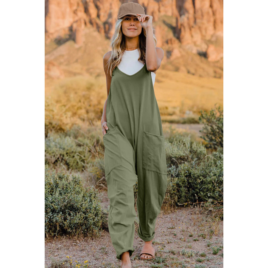 Double Take Full Size V-Neck Sleeveless Jumpsuit with Pockets Army Green / S Apparel and Accessories
