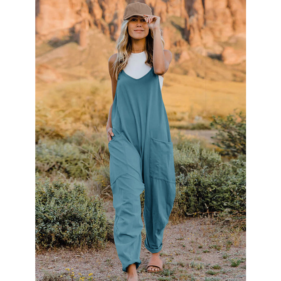 Double Take Full Size V-Neck Sleeveless Jumpsuit with Pockets Cerulean / S Apparel and Accessories