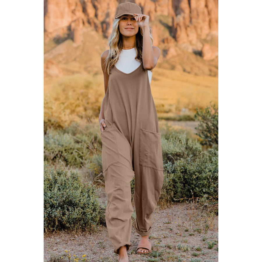 Double Take Full Size V-Neck Sleeveless Jumpsuit with Pockets Khaki / S Apparel and Accessories