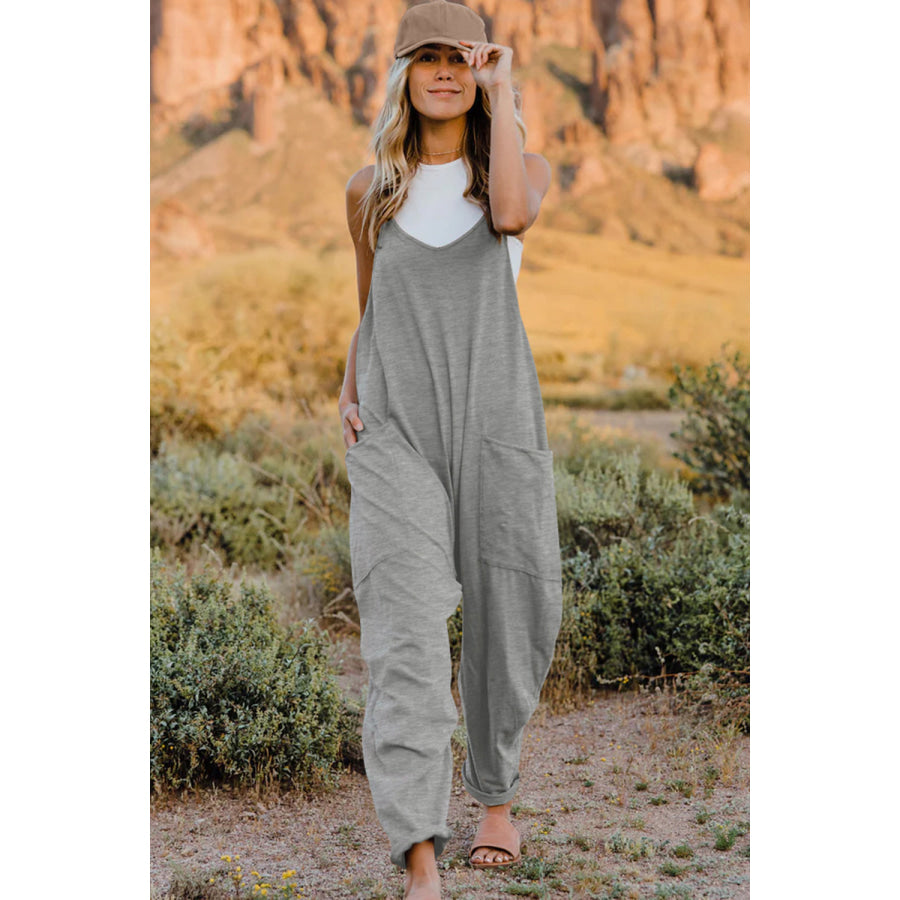 Double Take Full Size V-Neck Sleeveless Jumpsuit with Pockets Light Gray / S Apparel and Accessories