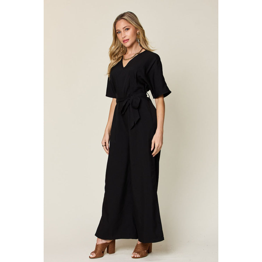 Double Take Full Size V-Neck Tie Front Short Sleeve Slit Jumpsuit Apparel and Accessories