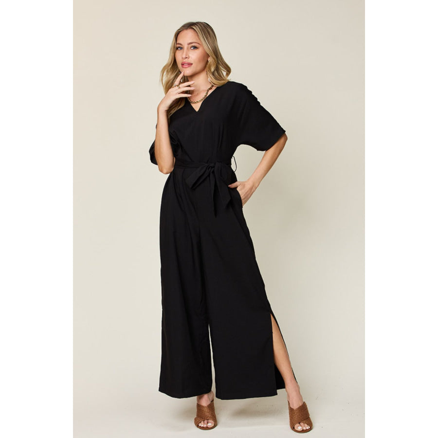 Double Take Full Size V-Neck Tie Front Short Sleeve Slit Jumpsuit Apparel and Accessories