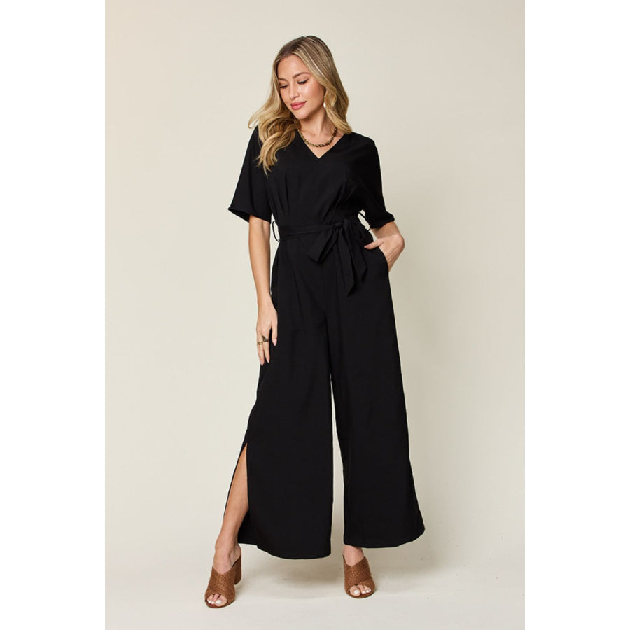 Double Take Full Size V-Neck Tie Front Short Sleeve Slit Jumpsuit Black / S Apparel and Accessories