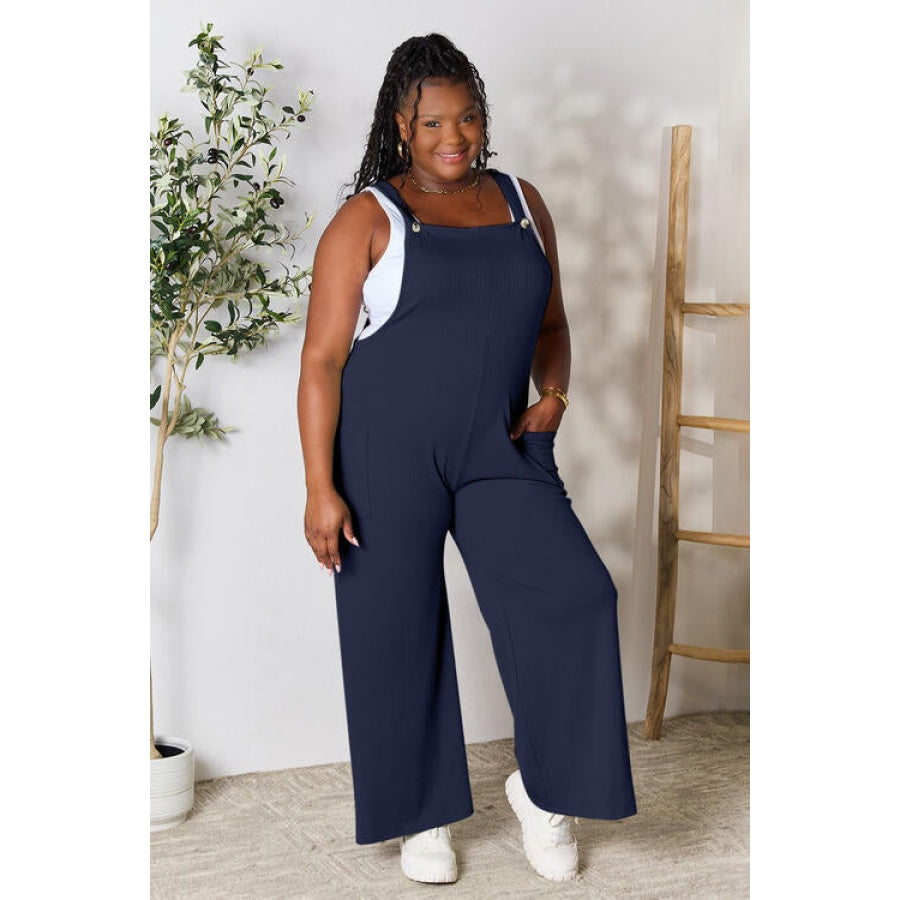 Double Take Full Size Wide Strap Overall with Pockets Dark Navy / S