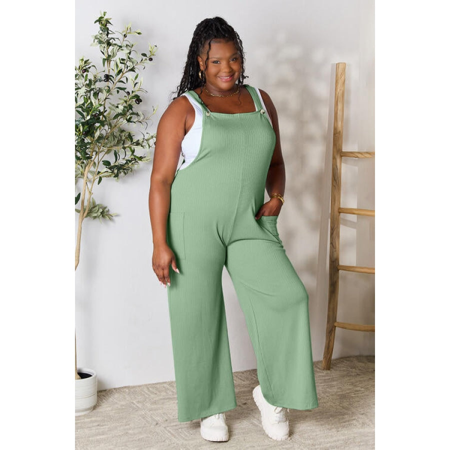 Double Take Full Size Wide Strap Overall with Pockets Gum Leaf / S