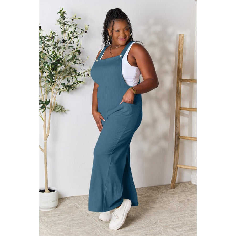 Double Take Full Size Wide Strap Overall with Pockets French Blue / S