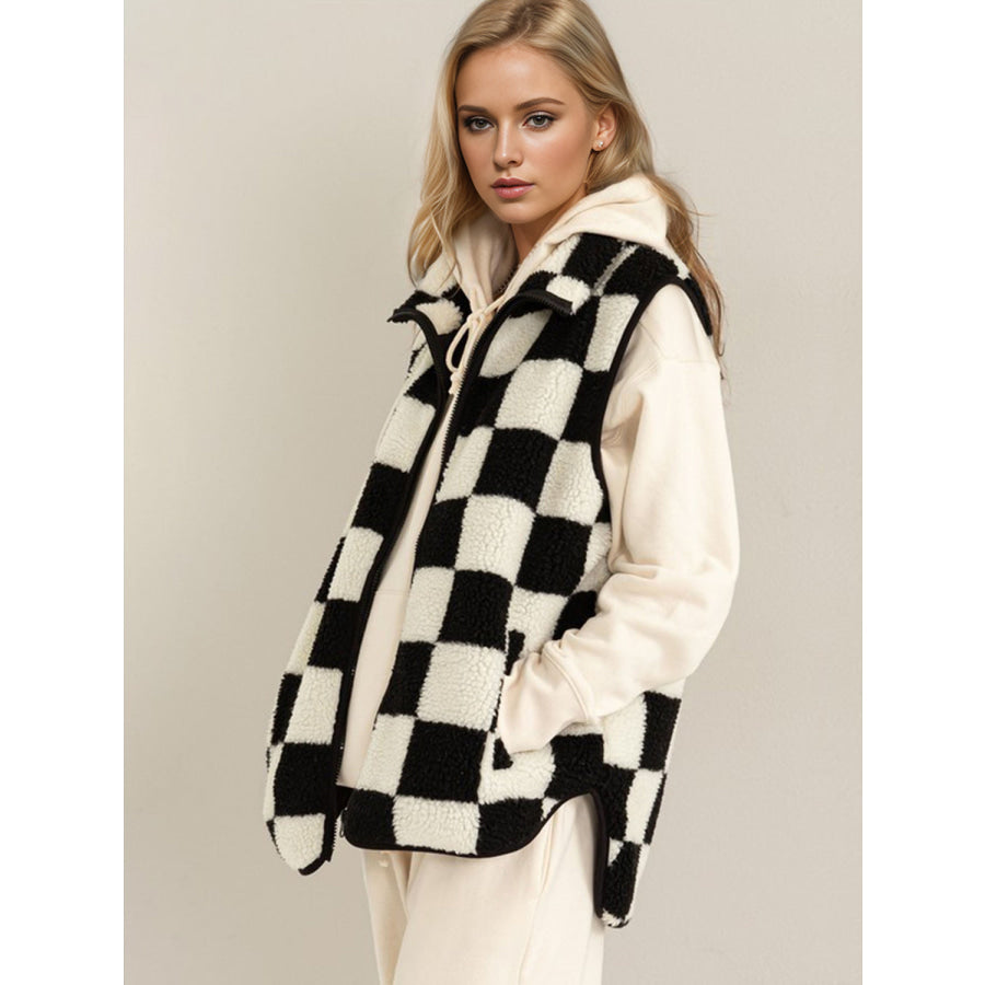 Double Take Full Size Zip Up Checkered Vest Cost Apparel and Accessories