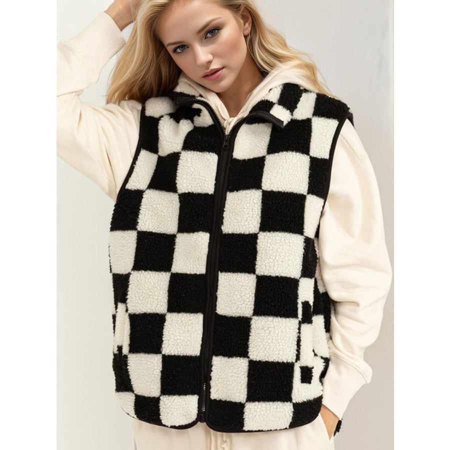 Double Take Full Size Zip Up Checkered Vest Cost Black / S Apparel and Accessories