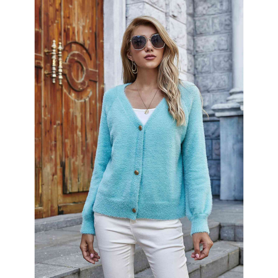 Double Take Fuzzy Long Sleeve Button Down Cardigan Apparel and Accessories