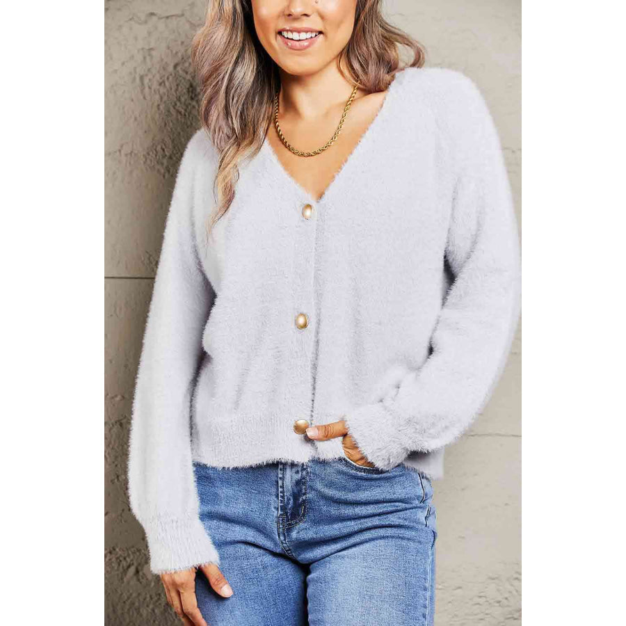 Double Take Fuzzy Long Sleeve Button Down Cardigan Apparel and Accessories