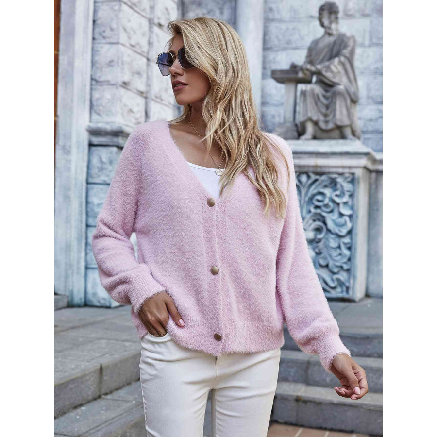 Double Take Fuzzy Long Sleeve Button Down Cardigan Pink / S Apparel and Accessories