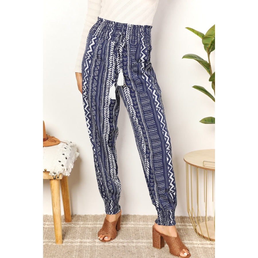 Double Take Geometric Print Tassel High-Rise Pants Navy / S