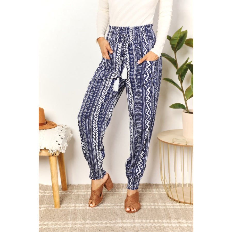 Double Take Geometric Print Tassel High-Rise Pants