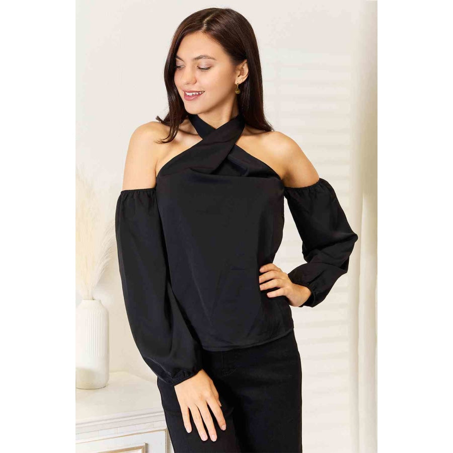 Double Take Grecian Cold Shoulder Long Sleeve Blouse Black / S Clothing