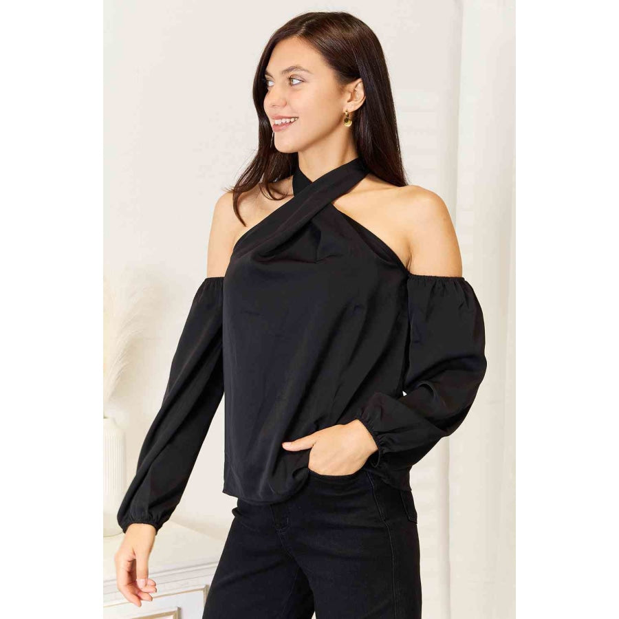 Double Take Grecian Cold Shoulder Long Sleeve Blouse Clothing