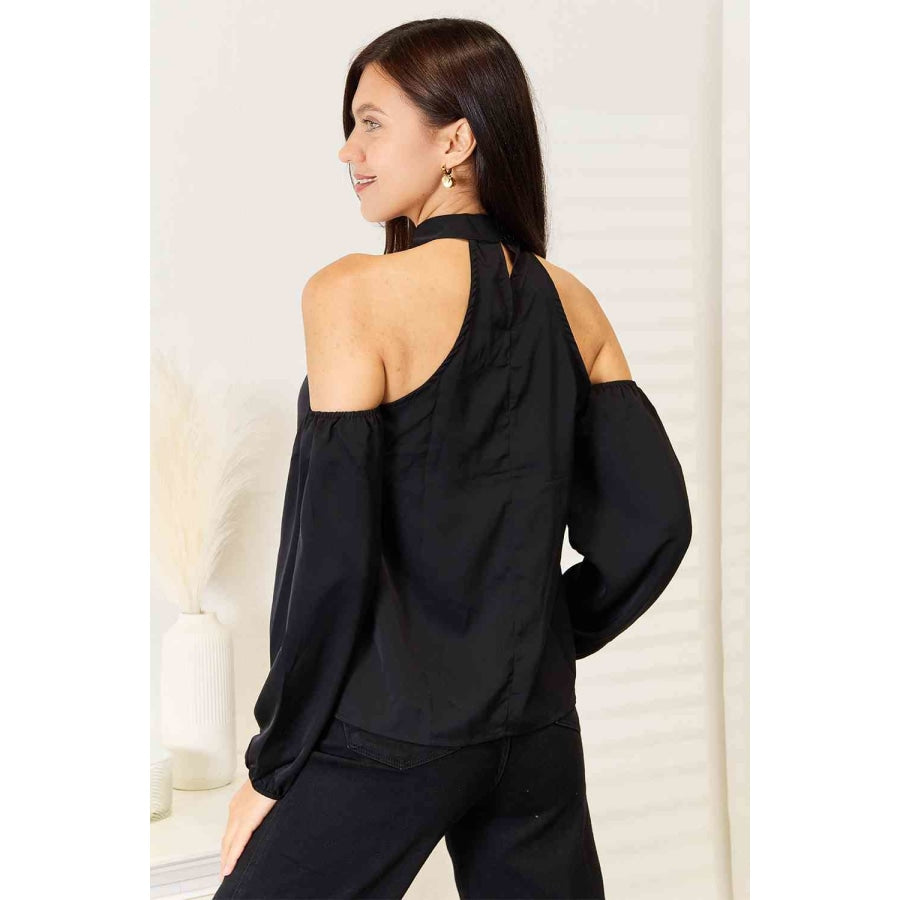 Double Take Grecian Cold Shoulder Long Sleeve Blouse Black / S Clothing