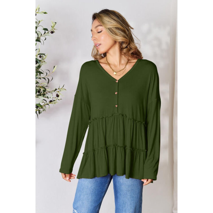 Double Take Half Button Long Sleeve Ruffle Hem Blouse Army Green / S