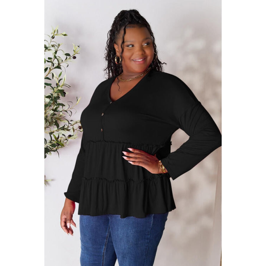 Double Take Half Button Long Sleeve Ruffle Hem Blouse Black / S