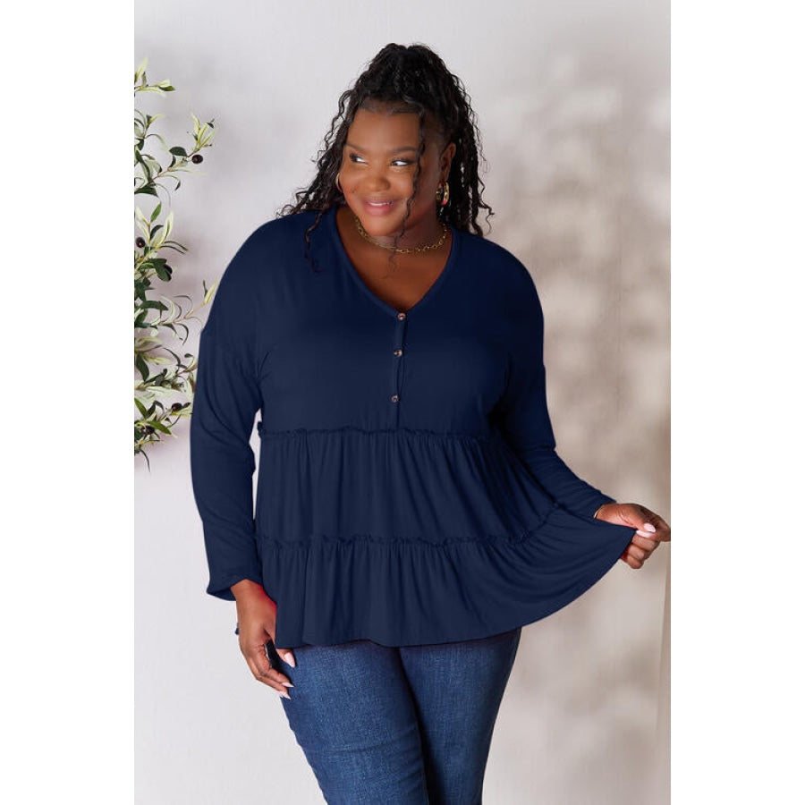 Double Take Half Button Long Sleeve Ruffle Hem Blouse Dark Navy / S